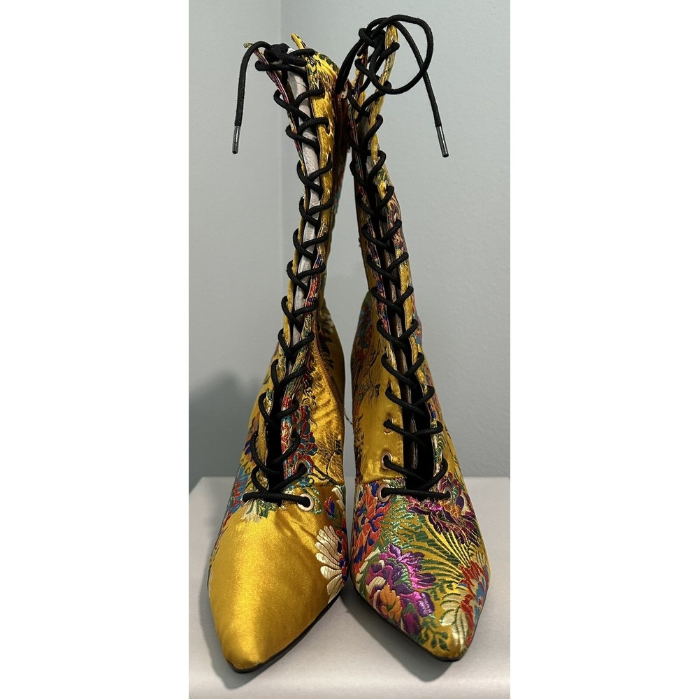 Anne Michelle Women's Embroidered Yellow Gold Floral Satin Boots Size 6.5 NEW - Picture 4 of 8